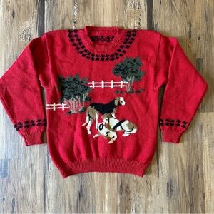 Vintage Charter Club 100% Wool Sweater Dog Scene Red Chunky Knit Sweater